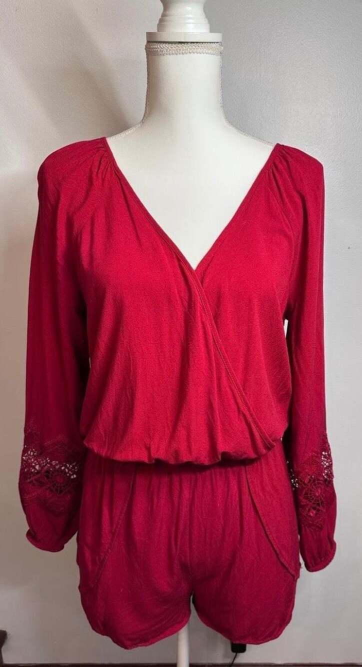 Express Red Surplice Long Sleeve Romper with Lace Inset Details